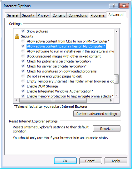 Internet Explorer: Allow active content to run in files on my computer