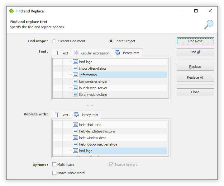 Find and replace by Regular Expressions and Library Items