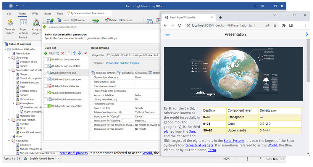 Cuadro de diálogo HelpNDoc de generación de páginas web para iPhone