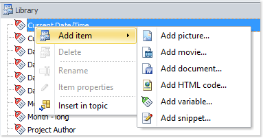 Ajouter un élément de bibliothèque en utilisant le menu contextuel