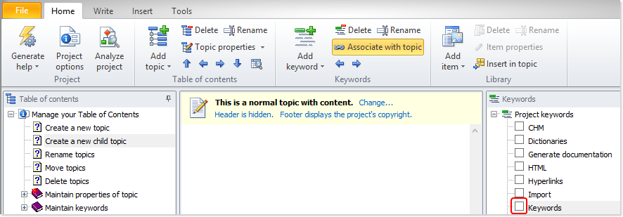 Associate keywords with topics using the check box