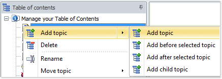 Right-click your Table of Contents and hover Add topic