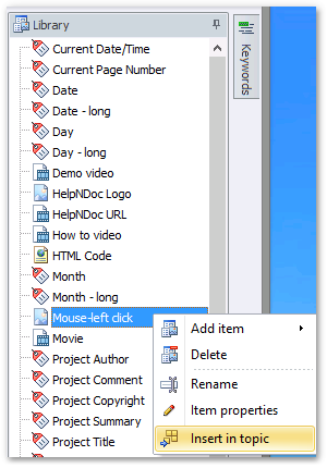 Insert a library item into a topic from the popup menu
