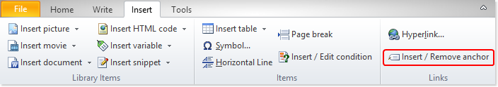 Insert and remove anchors from the ribbon toolbar