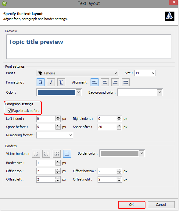 Add the page break before paragraph settings